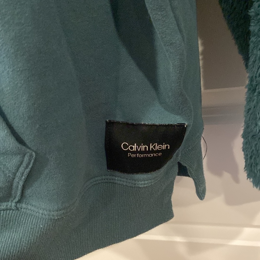 Calvin Klein Teal Hoodie with Fuzzy Sleeves - Picture 6 of 7